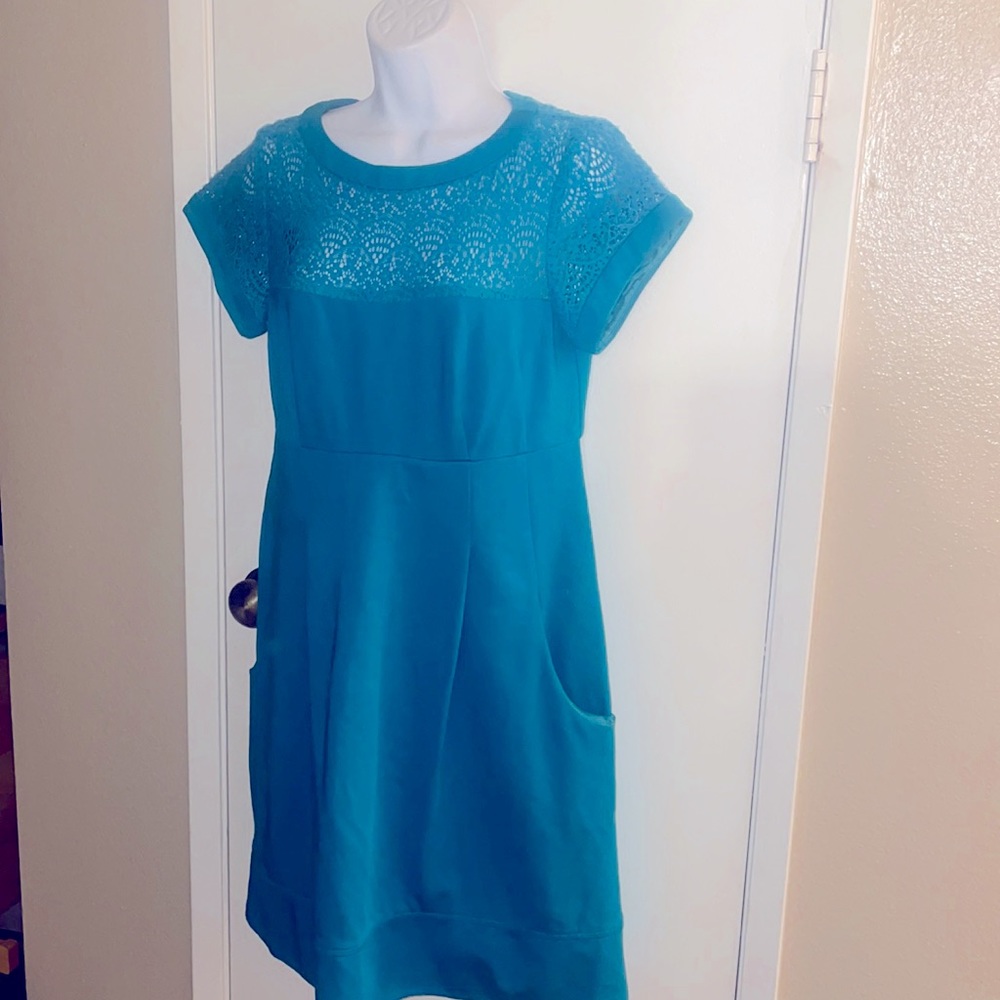 - Nanette Lepore teal knit dress lace fit and flare 8